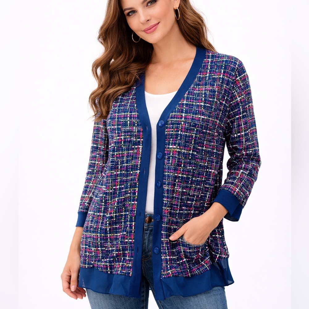 Chico's‎ Blue and Pink Geometric Cardigan Sweater L/12